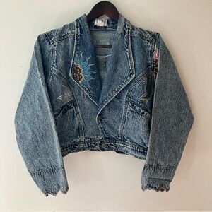 Vintage Acid Wash Denim Jacket Hand Painted Floral Cropped Boho Western Size L
